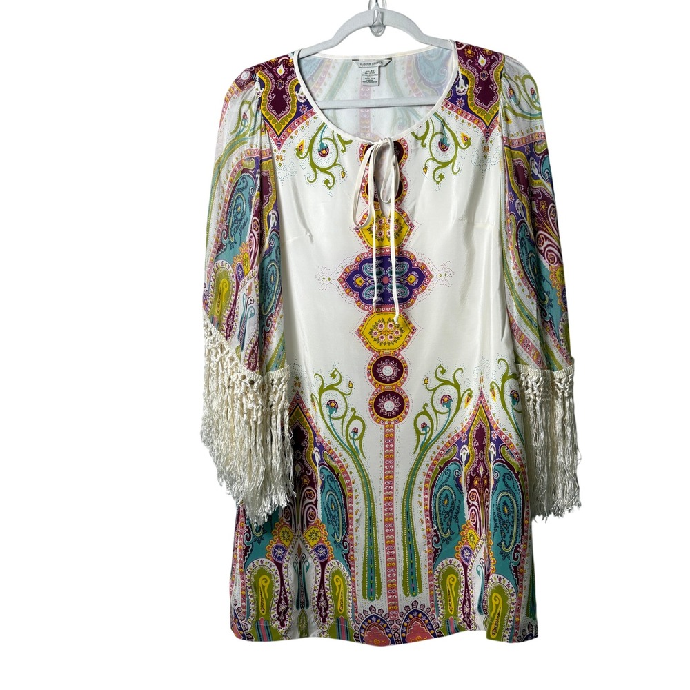 Boston Proper Mini Dress Size XS Ivory‎ Multicolor Paisley Fringe 100% Silk Boho